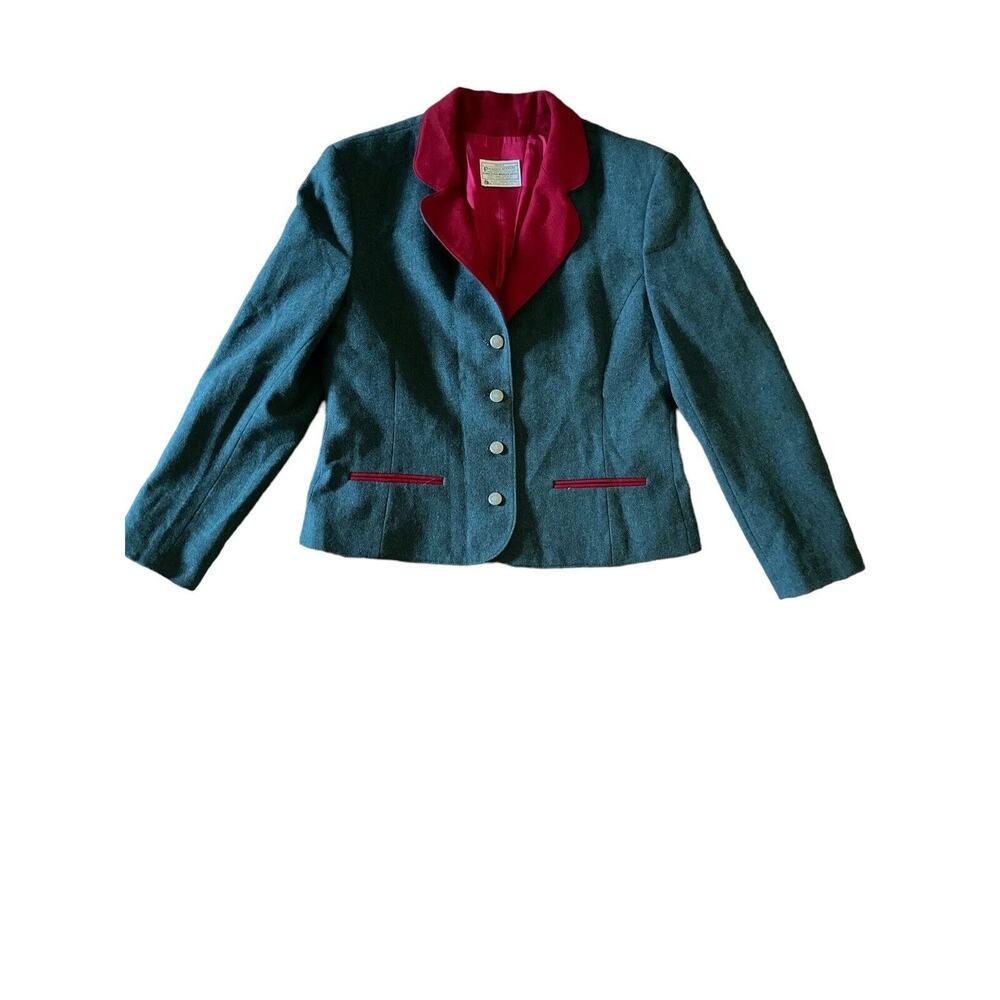 VTG Miss Pendleton Pure Virgin Wool USA Made Green Wool Blazer Red Satin Lined